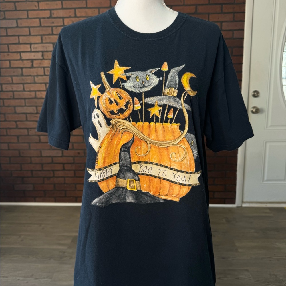 Halloween Graphic Tee‎ L Gildan Pumpkin Cat Ghost Witch Hat “Boo to You”